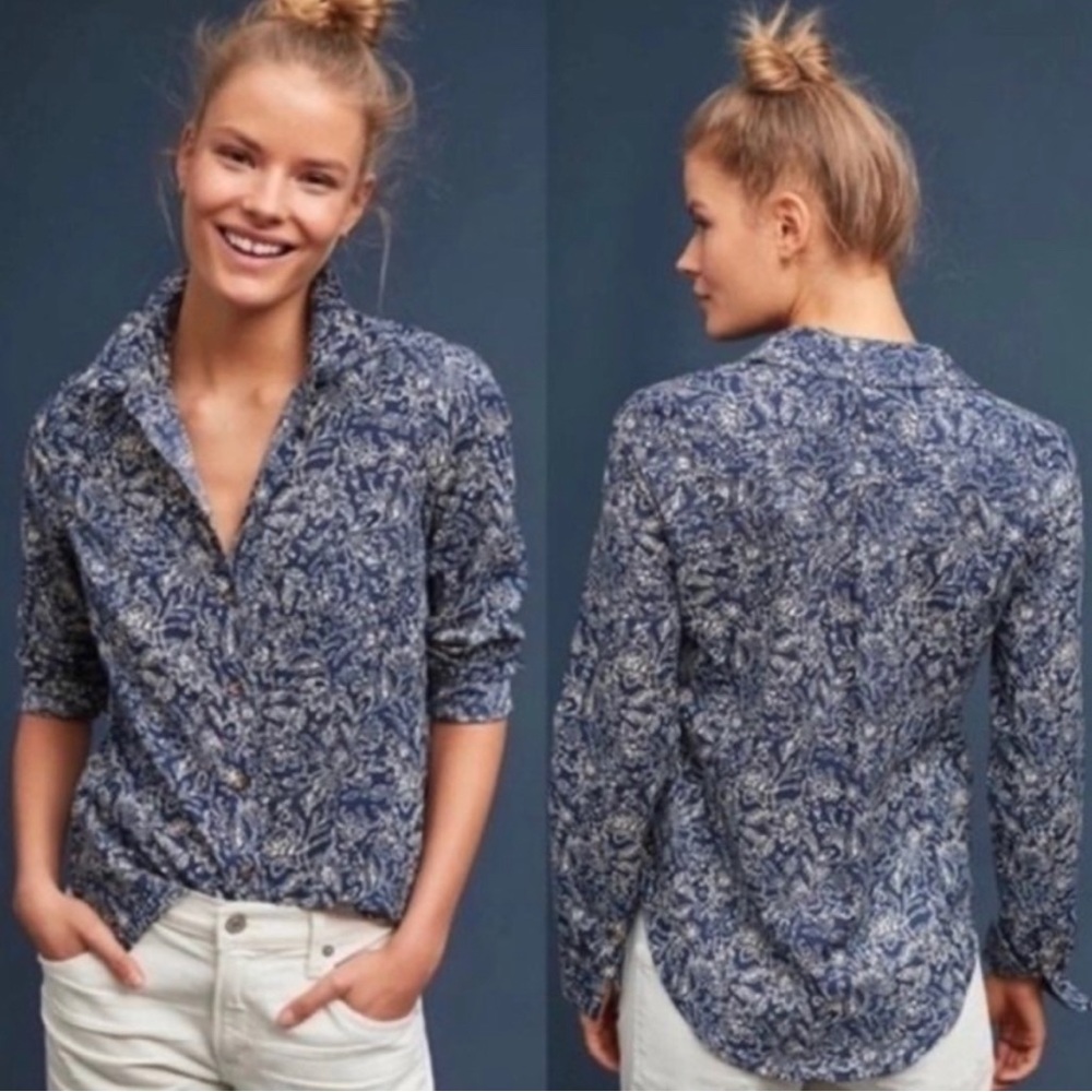 Maeve by Anthropologie Blue and White Floral Button Down Shirt
